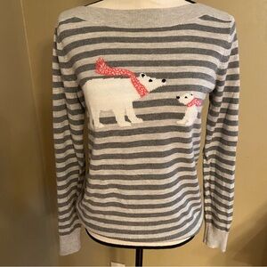 Loft Gray Striped Polar Bear & Cub Boat Neck Sweater Size Small